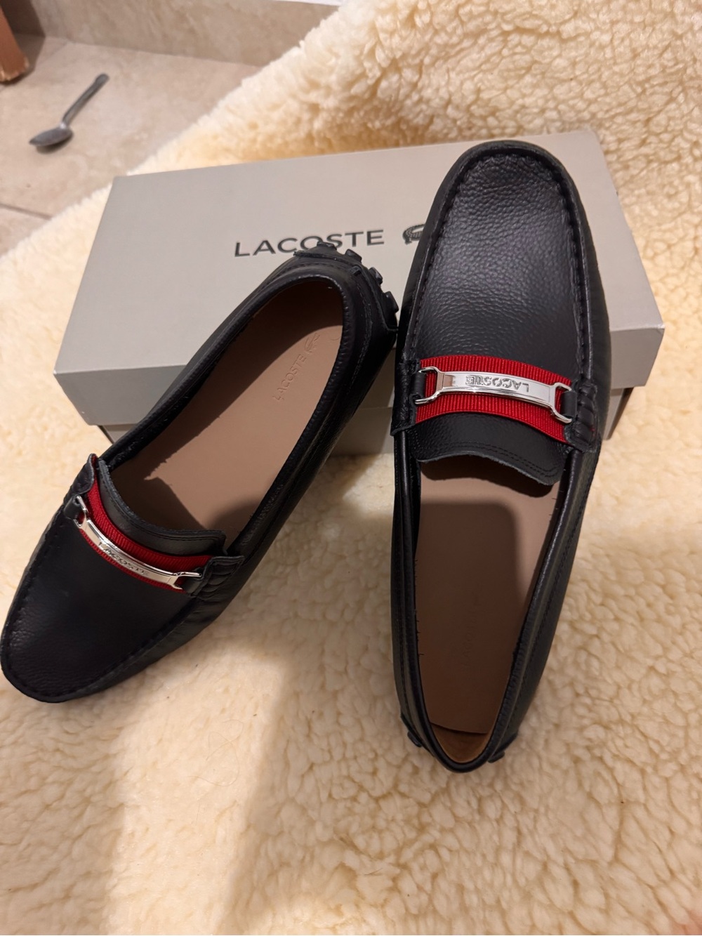 Lacoste Black Leather Slip-On Loafers with Red Webbing and Silver Hardware - Picture 4 of 5